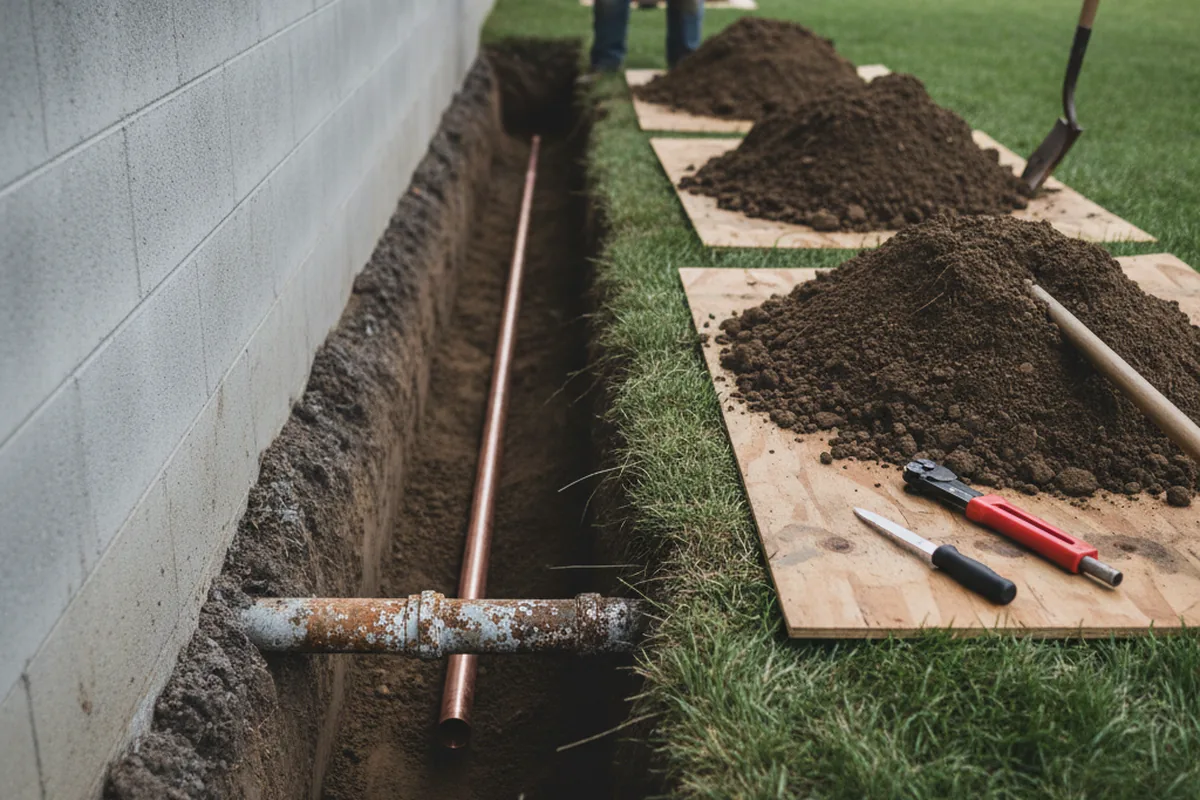 Excavated water line trench during Water Softener Installation in Mullens